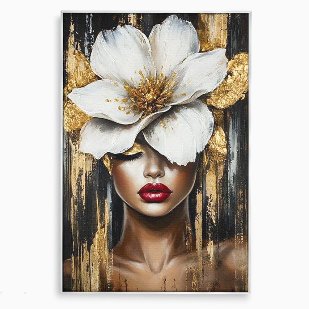 Tablou canvas cu tablou canvas cu portret de femeie si floare, in rama de aluminiu argintiu